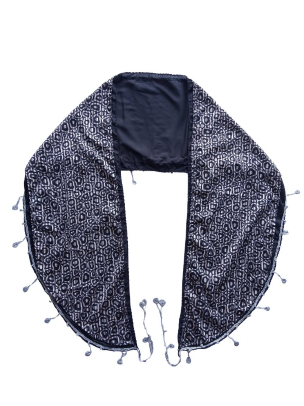 shawl scarf artisan Geometric Grey Cream Black Tassels